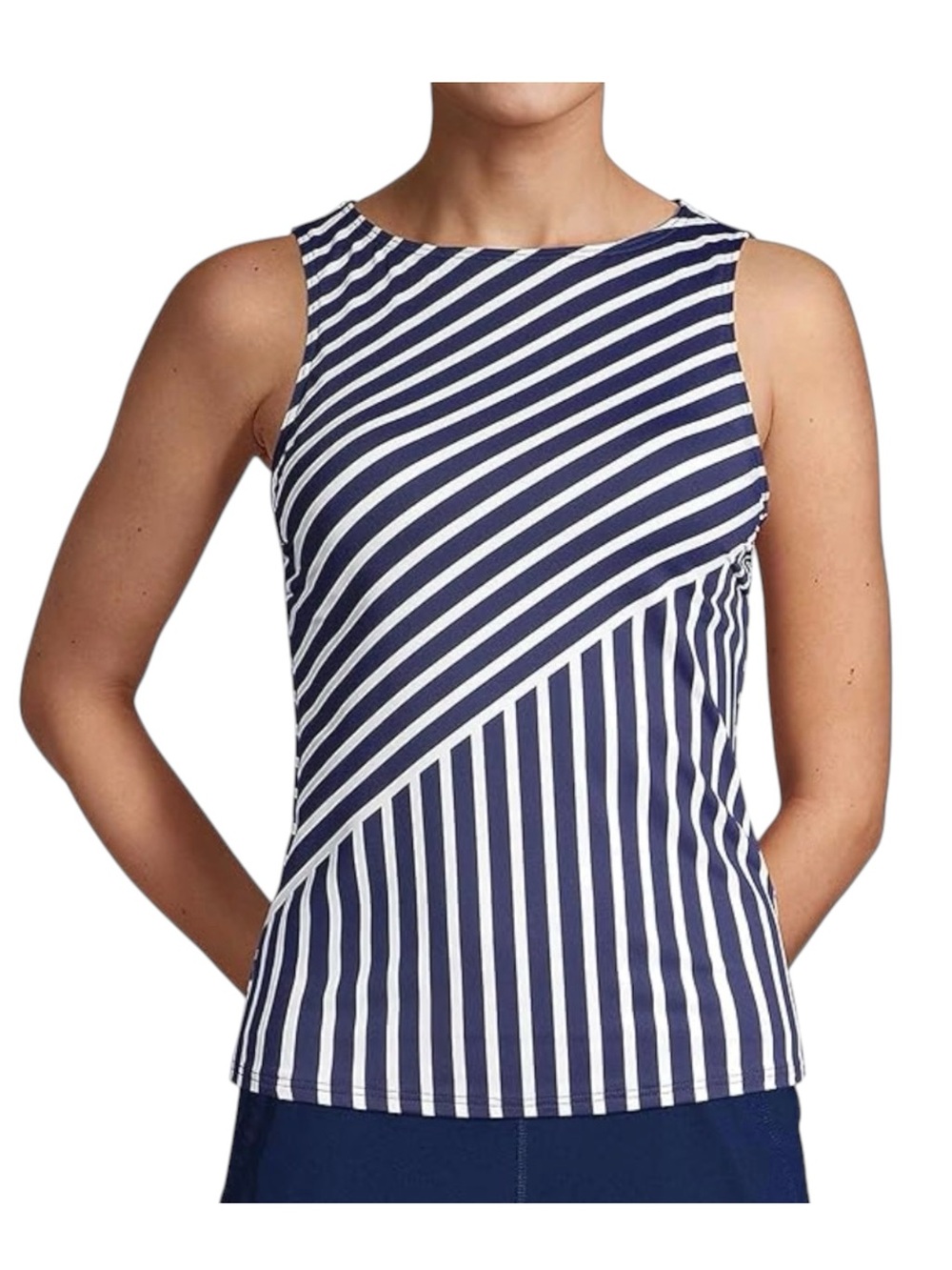 Lands End petite 8 blue white High Neck Tankini Swim Top